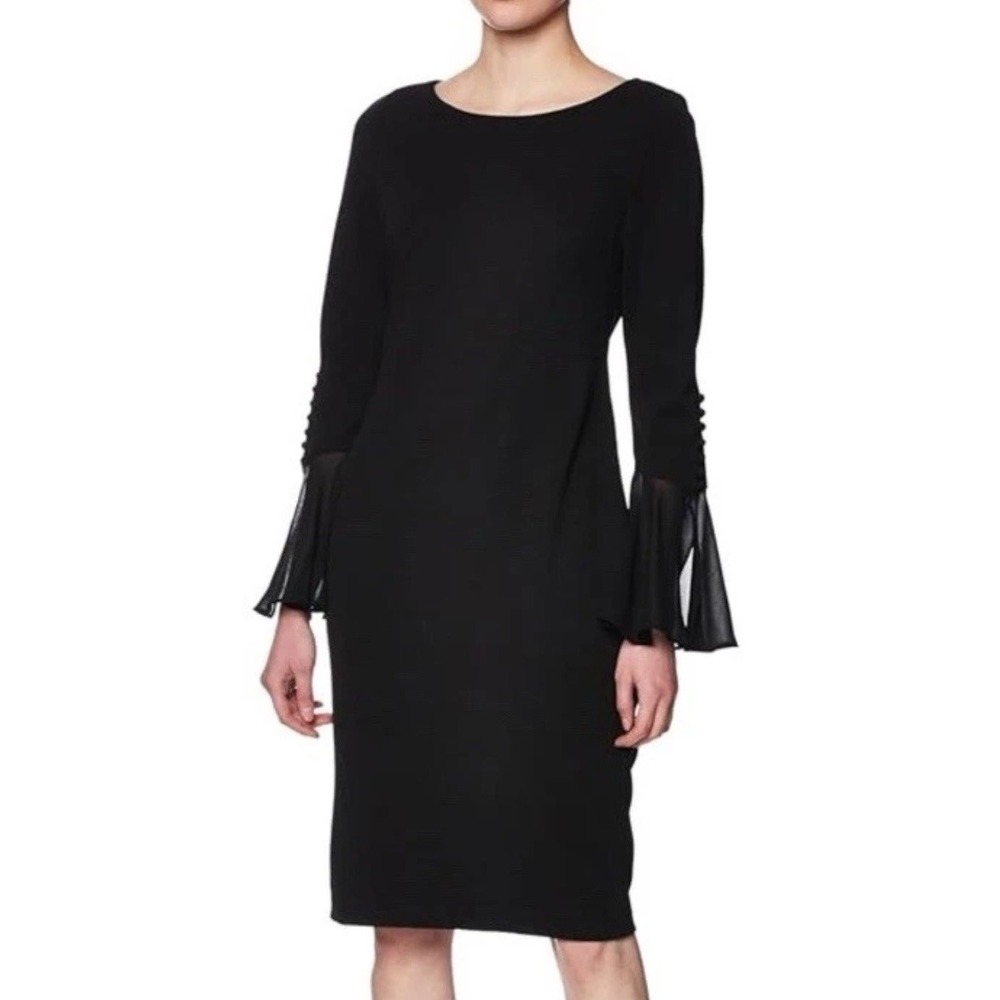 Calvin Klein 16W Black Sheer Bell Sleeve Crepe Sheath Midi Dress Modest Career